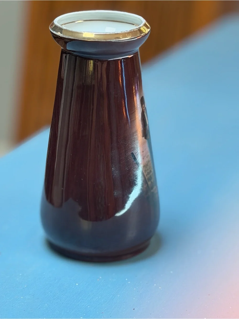 Antique Bavarian Vase - Painted Ceramic Vase in Deep Brown with Gold Rim